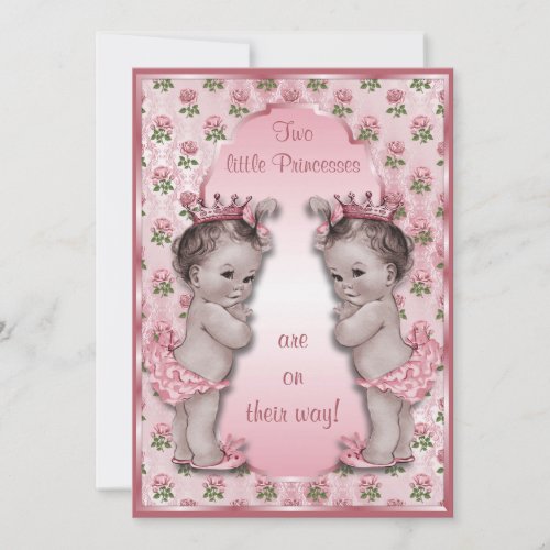 Vintage Princess Twins and Pink Roses Baby Shower Invitation