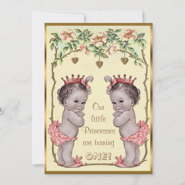 Vintage Princess Twins Birthday Roses & Hearts Invitation (Front)