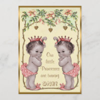 Vintage Princess Twins Birthday Roses & Hearts Invitation