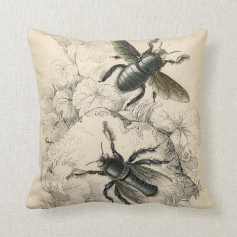 Vintage Print Bees and Florals Throw Pillow