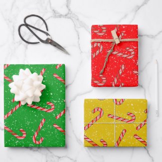 Vintage Print Candy Cane Drawings Red Green White