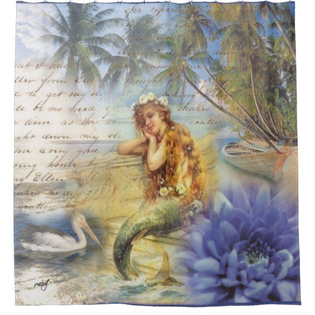 vintage print mermaid shower curtain (Front)