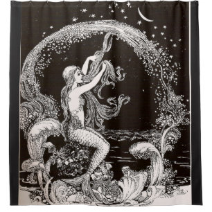 vintage print mermaid shower curtain