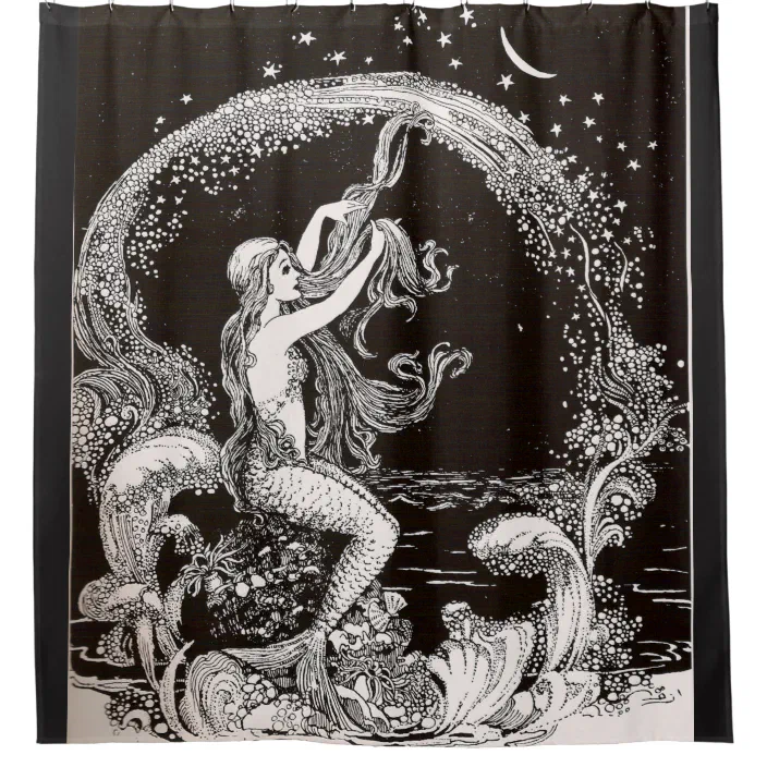 Vintage Print Mermaid Shower Curtain, Vintage Mermaid Art Shower Curtain