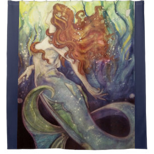 vintage print mermaid shower curtain
