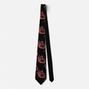 Vintage Print Red Anatomical Heart Black Necktie