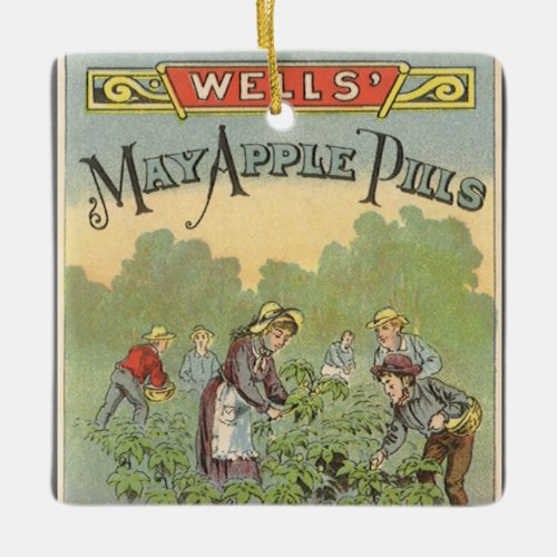 Vintage Product Label Art Wells May Apple Pills Ceramic Ornament