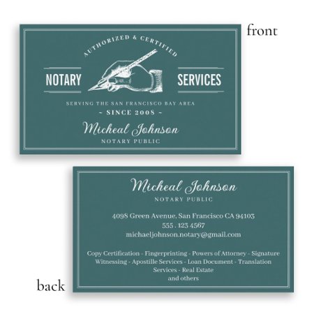 Vintage Professional Teal Custom Notary Services  Business Card