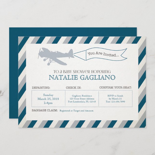 Vintage Propeller Airplane Baby Shower Invitation (Front/Back)