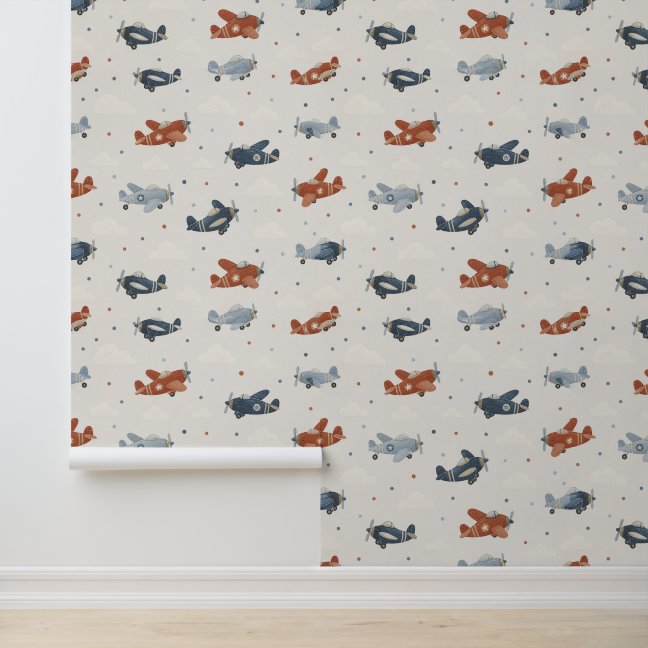 Vintage Propeller Airplane Pattern in Navy Blue Wallpaper