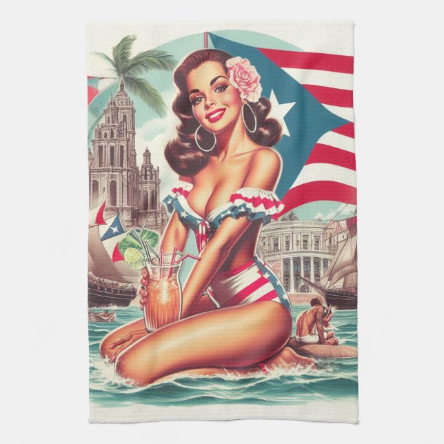 Vintage Puerto Rico Pin-Up Kitchen Towel (Vertical)