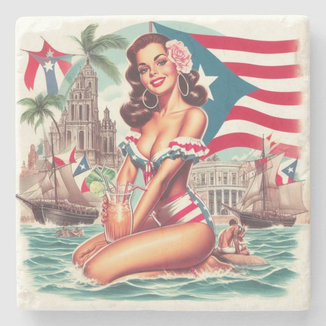 Vintage Puerto Rico Pin-Up Stone Coaster (Front)