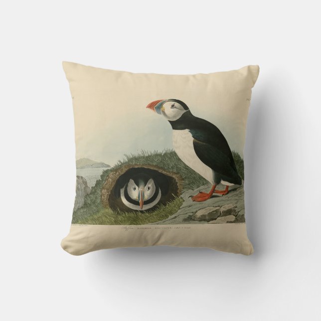 Vintage Puffin Illustration Throw Pillow (Front)