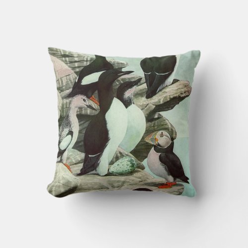 Vintage Puffins and Aquatic Birds by Louis Fuertes Throw Pillow