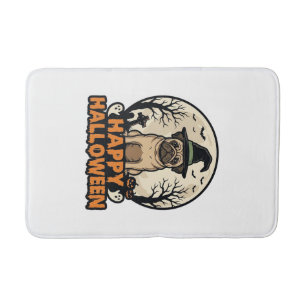 Vintage Pug Happy Halloween Witch Hat Shirt Design Bath Mat