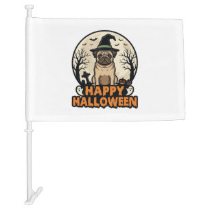 Vintage Pug Happy Halloween Witch Hat Shirt Design Car Flag