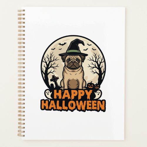 Vintage Pug Happy Halloween Witch Hat Shirt Design Planner