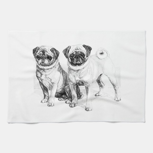 Vintage Pug Illustration Kitchen Towel (Horizontal)