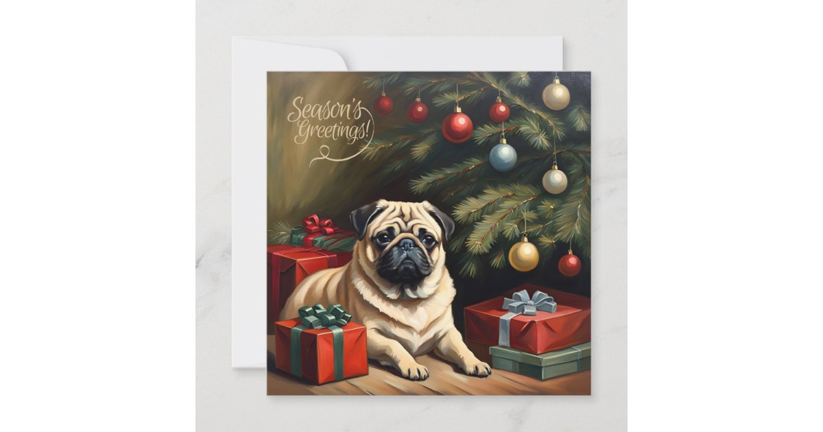 Vintage Pug Puppy by the Christmas Tree Holiday Card | Zazzle