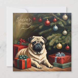 Vintage Pug Puppy by the Christmas Tree Holiday Card