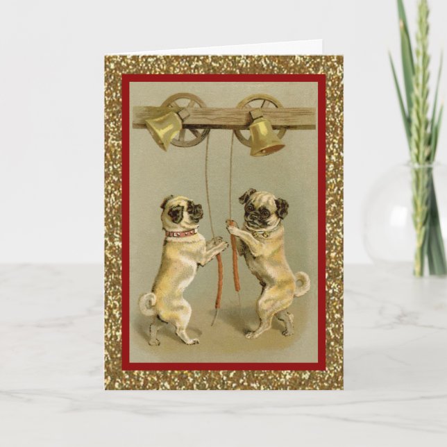 vintage pugs ringing new year bells holiday card (Front)