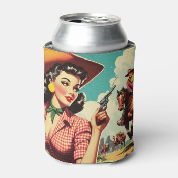 Vintage Pulp Cowgirl Illustration Can Cooler by retrokdr at Zazzle