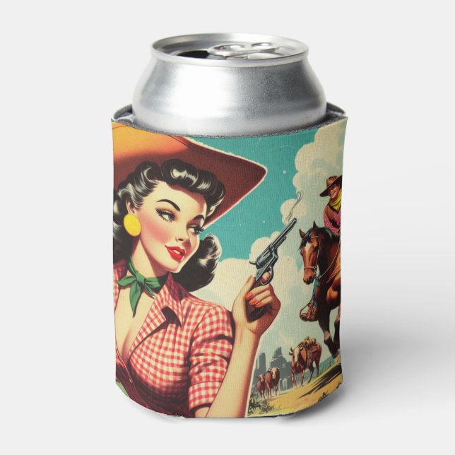 Vintage Pulp Cowgirl Illustration Can Cooler (Can Front)