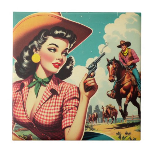 Vintage Pulp Cowgirl Illustration Ceramic Tile