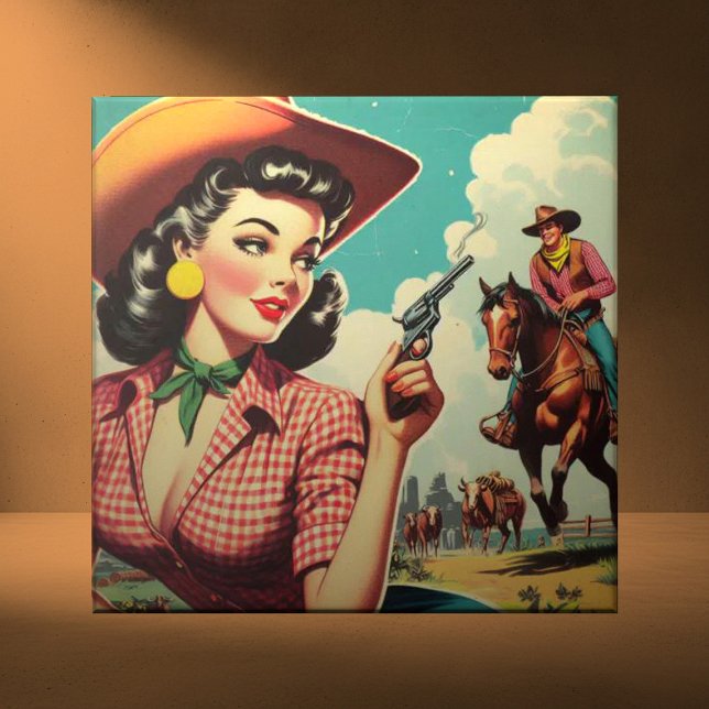 Vintage Pulp Cowgirl Illustration Ceramic Tile (Creator Uploaded)