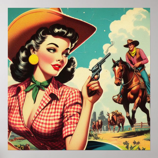 Vintage Pulp Cowgirl Illustration Poster | Zazzle