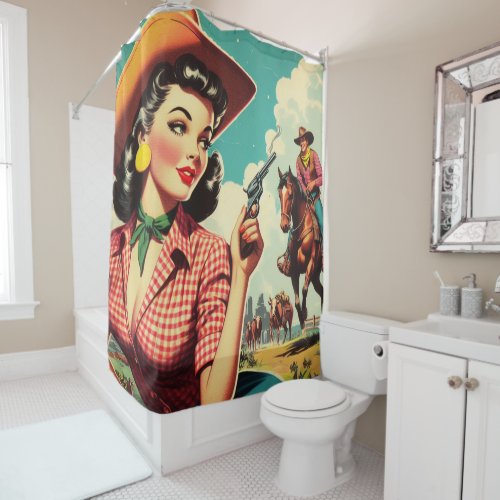 Vintage Pulp Cowgirl Illustration Shower Curtain