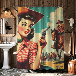 Vintage Pulp Cowgirl Illustration Shower Curtain