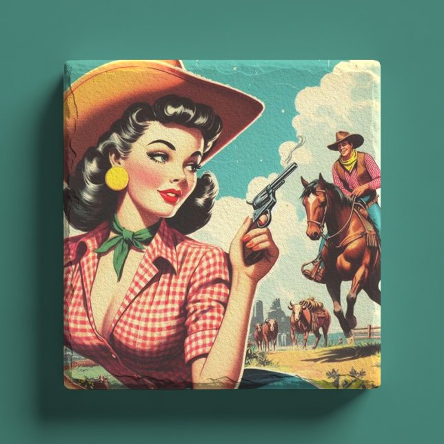 Vintage Pulp Cowgirl Illustration Stone Coaster (Creator Uploaded)