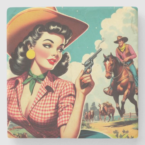 Vintage Pulp Cowgirl Illustration Stone Coaster