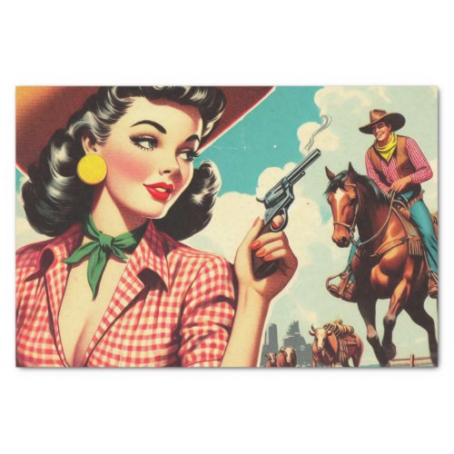 Vintage Pulp Cowgirl Illustration Tissue Paper