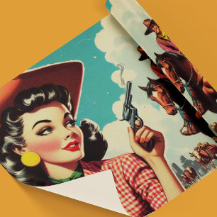 Vintage Pulp Cowgirl Illustration Wrapping Paper