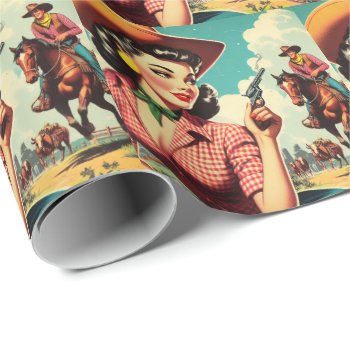 Vintage Pulp Cowgirl Illustration Wrapping Paper by retrokdr at Zazzle