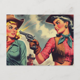 Vintage Pulp Cowgirls Illustration Postcard