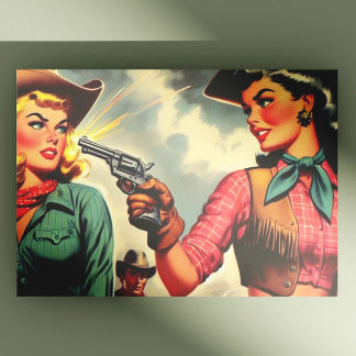 Vintage Pulp Cowgirls Illustration Postcard