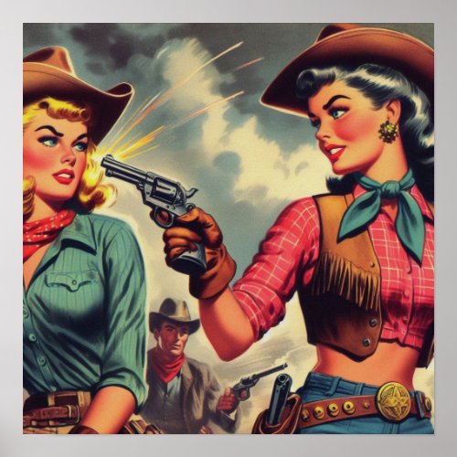 Vintage Pulp Cowgirls Illustration Poster