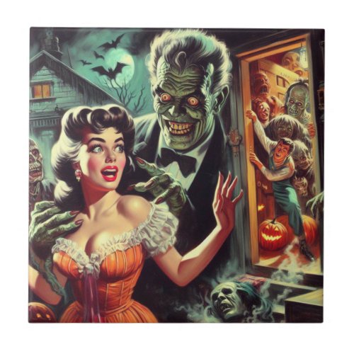 Vintage Pulp Horror Girl Illustration Ceramic Tile