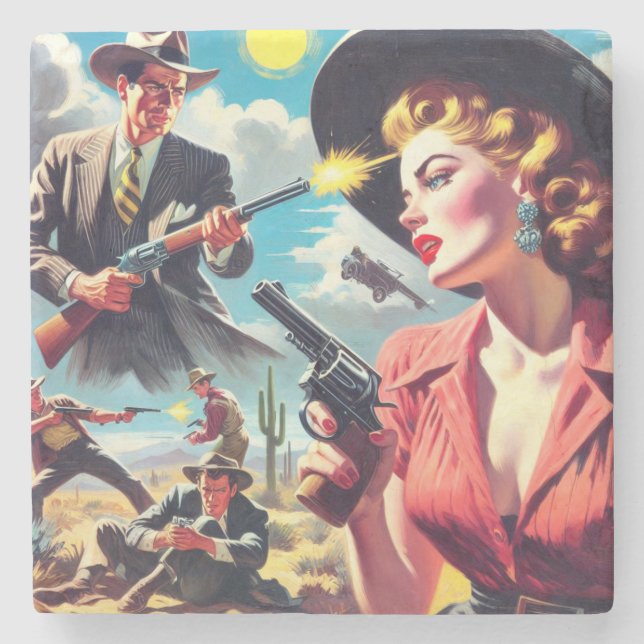 Vintage Pulp Western Illustration Stone Coaster (Front)