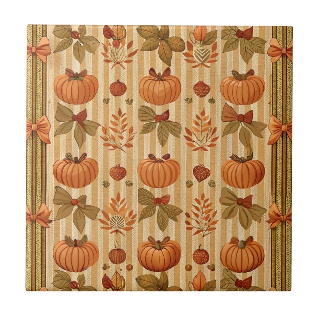 Vintage Pumpkin and Bow Autumn Pattern Ceramic Tile (Front)