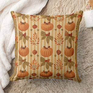 Vintage Pumpkin and Bow Autumn Pattern Throw Pillow
