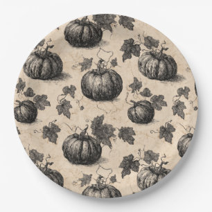 Vintage Pumpkin and Vine Engraving Pattern (2) Paper Plates