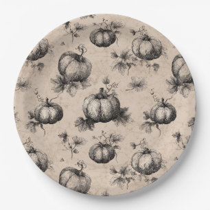 Vintage Pumpkin and Vine Engraving Pattern Paper Plates