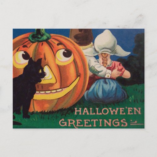 Vintage pumpkin black cat kids Halloween postcard