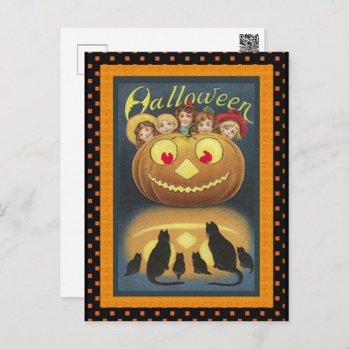 Vintage Pumpkin Black Cats Halloween Postcard