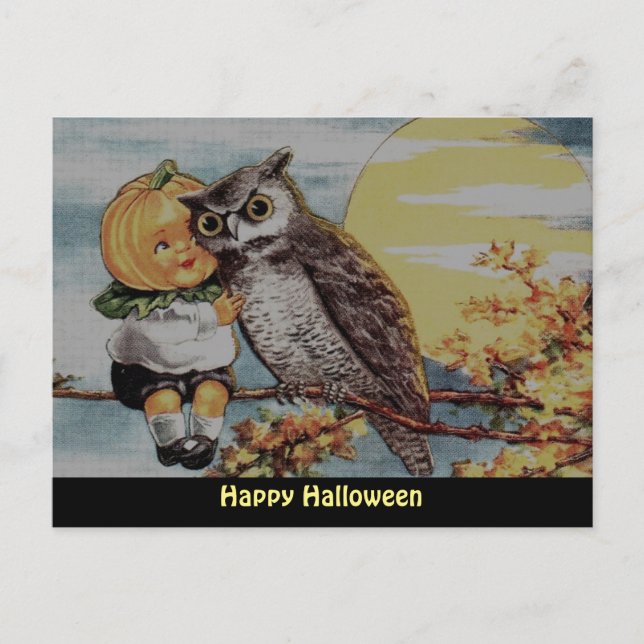 Vintage Pumpkin Boy  and Owl on Halloween Postcard (Front)