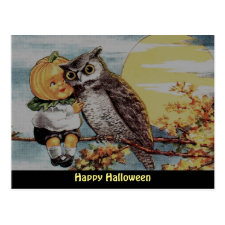 Vintage Pumpkin Boy  and Owl on Halloween Postcard